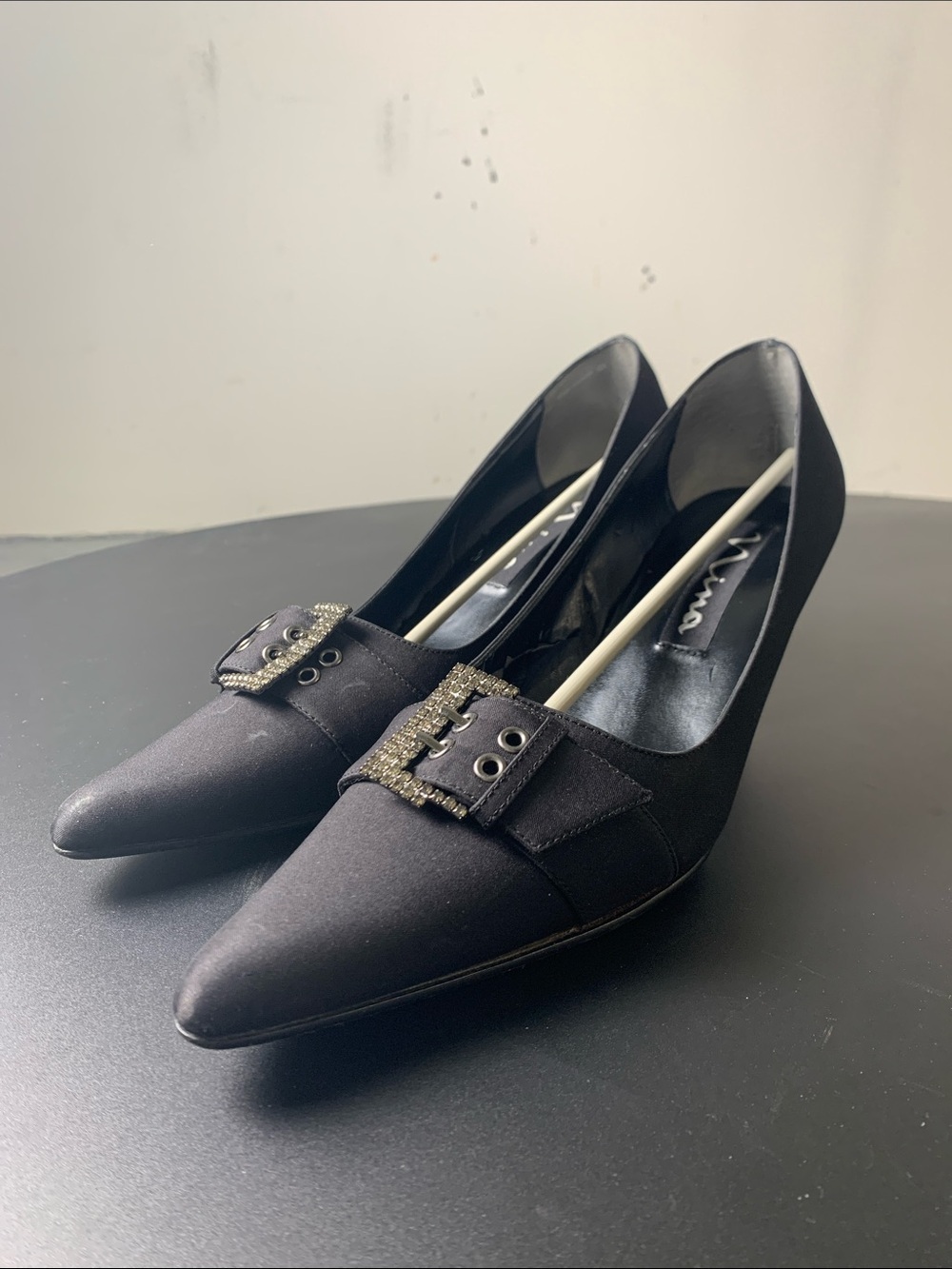 Nina Black Pointed-Toe Heels with Embellished Buckle